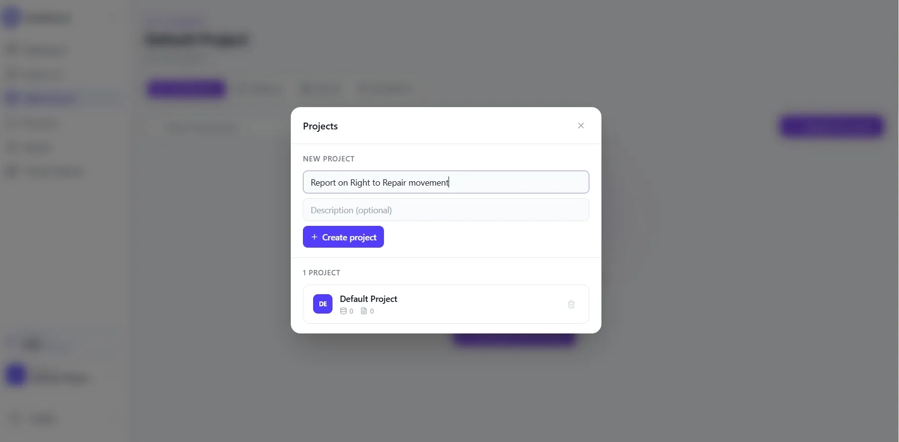 Dashboard - Create a project