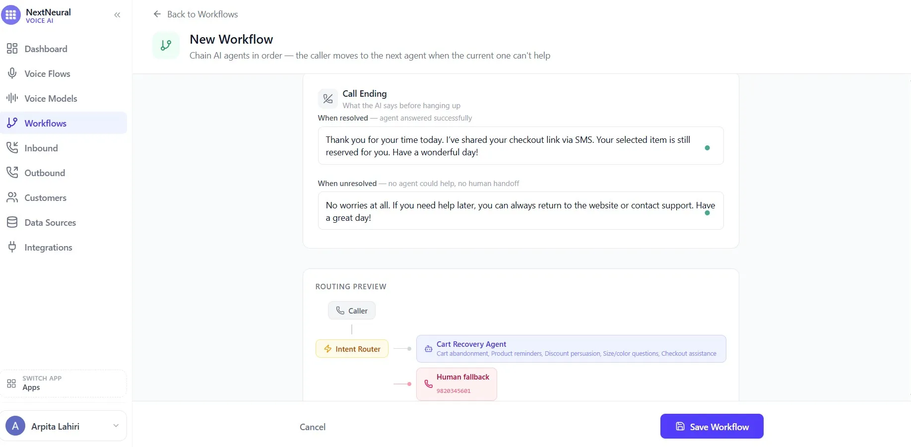 Human handoff toggle and fallback phone number configuration