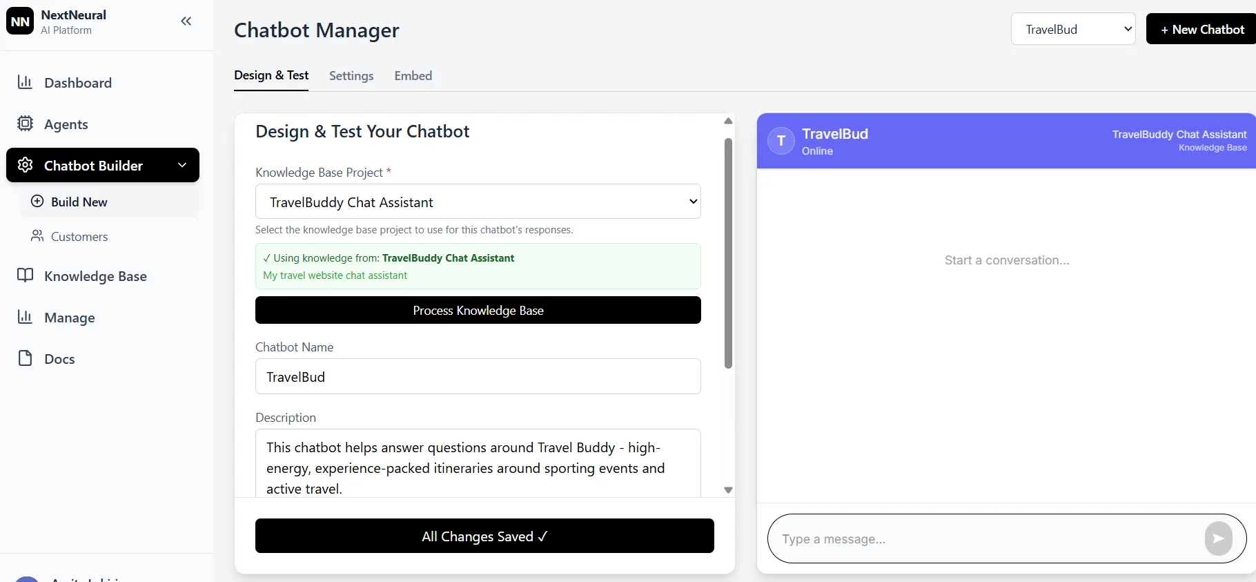 Chatbot trained and changes saved