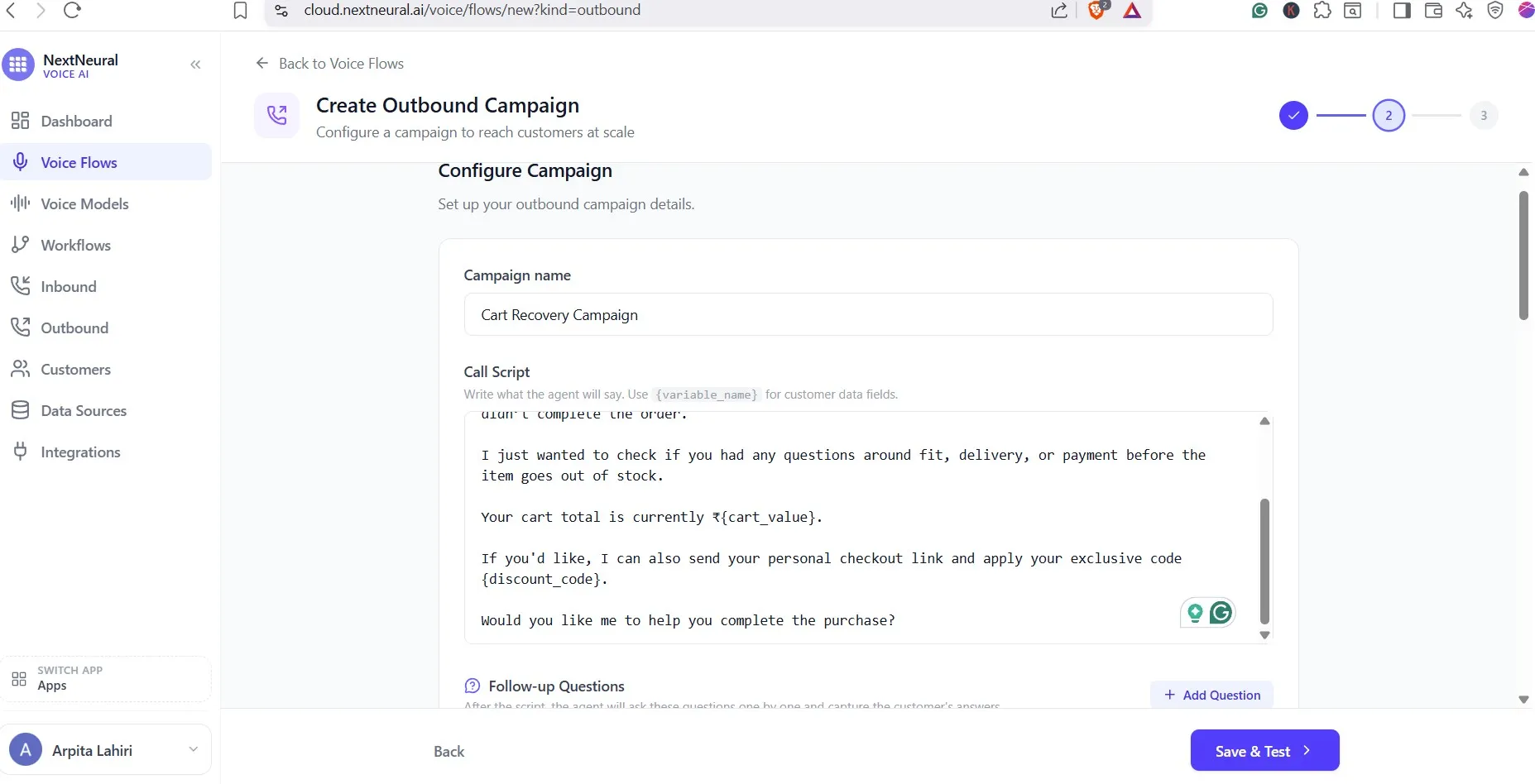 Campaign script configuration with personalisation variable placeholders