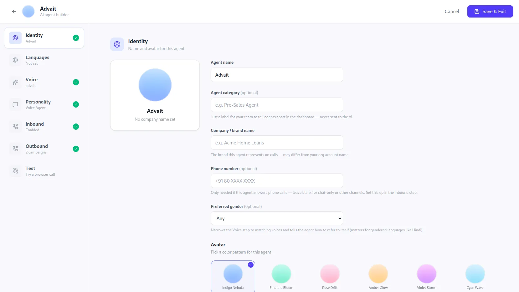 Setting up an agent's identity, name, brand, and voice preferences in the NextNeural AI agent builder