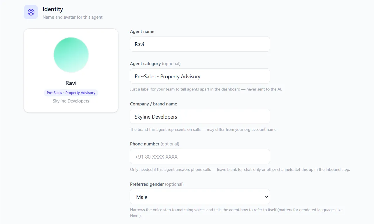 NextNeural Converse agent setup screen showing the Identity step with agent name, category, company name, phone number and preferred gender for a Property Advisory agent