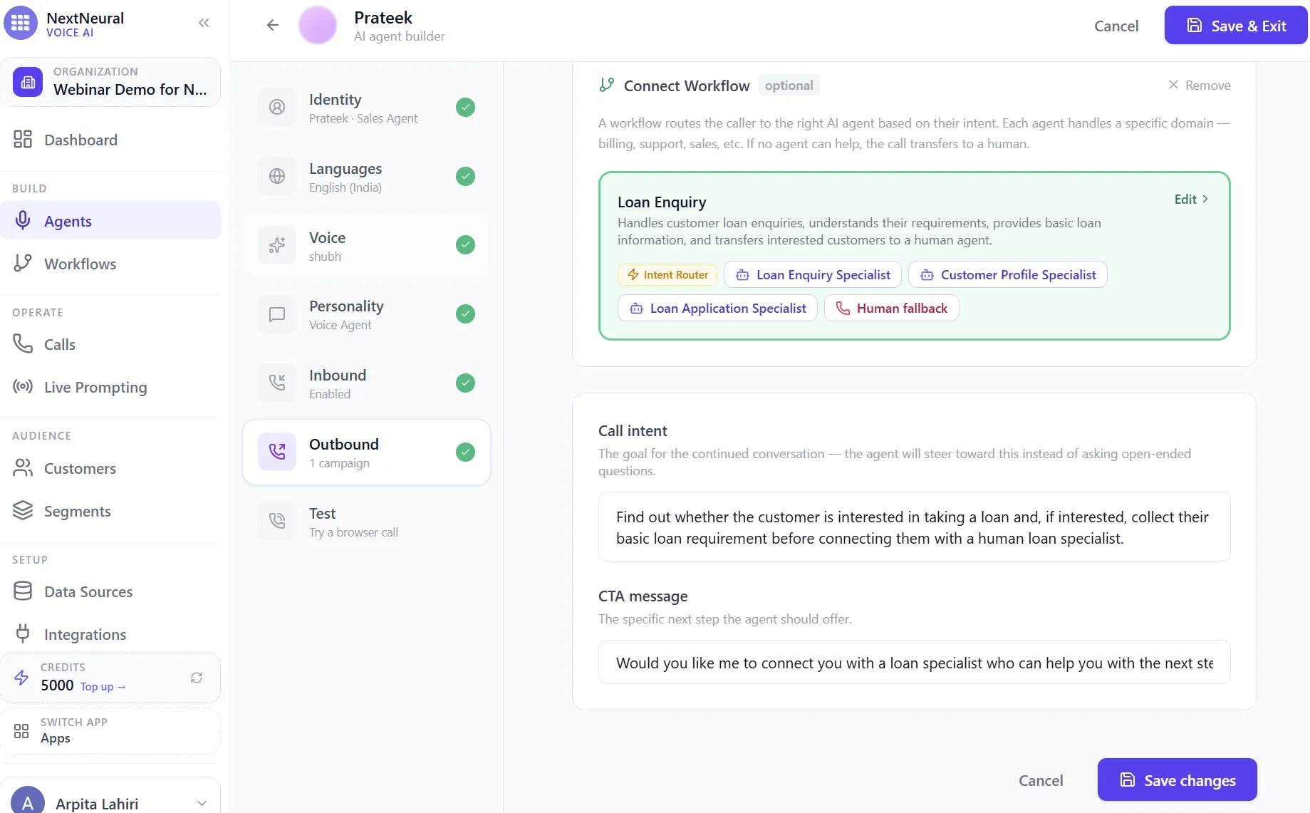 Connect Workflow card with the call intent and CTA message fields defining what the agent should steer the conversation toward