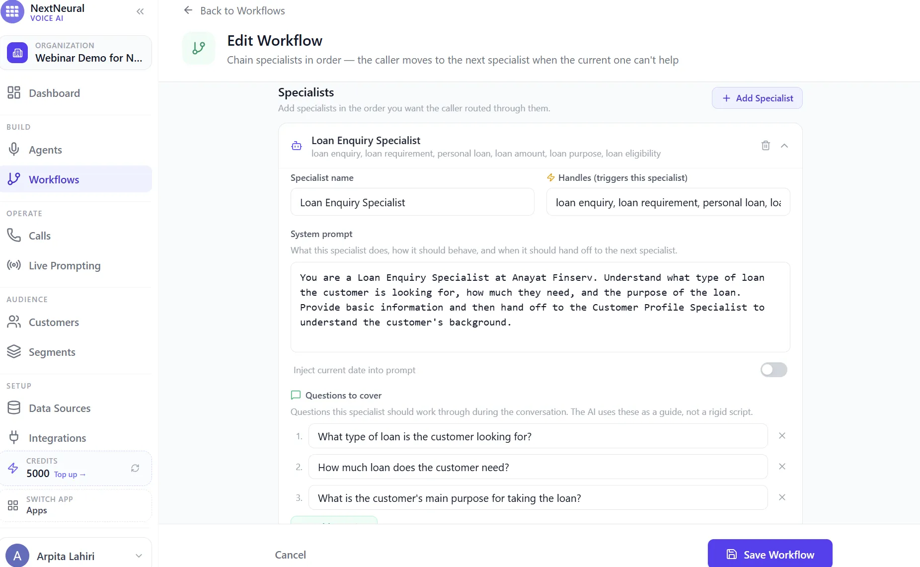 Loan Enquiry Specialist configuration with a system prompt and a list of questions to cover during the call