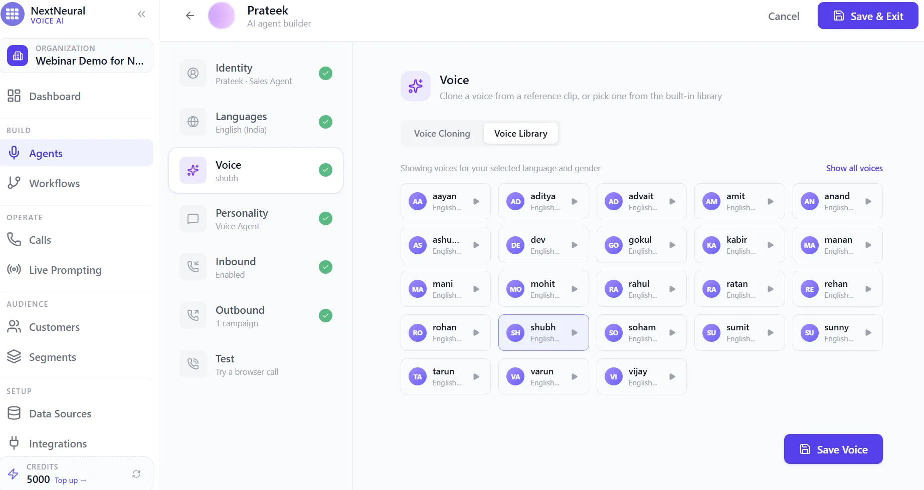 Voice Library showing a grid of ready-made voices filtered by the agent's selected language