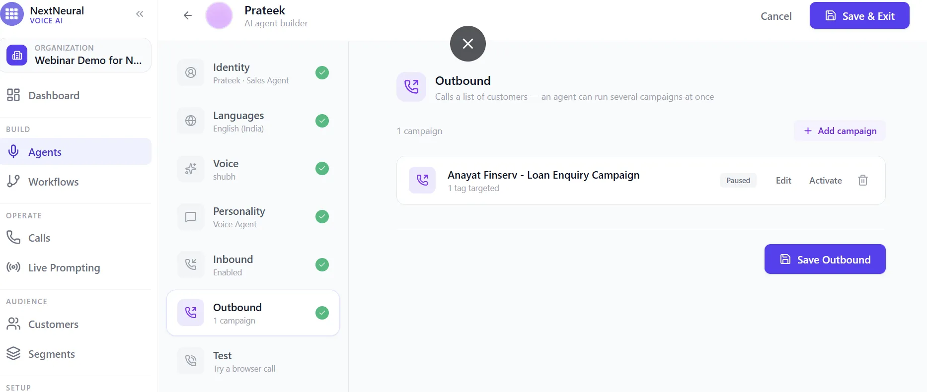 Outbound campaign listed as Paused with Edit and Activate options