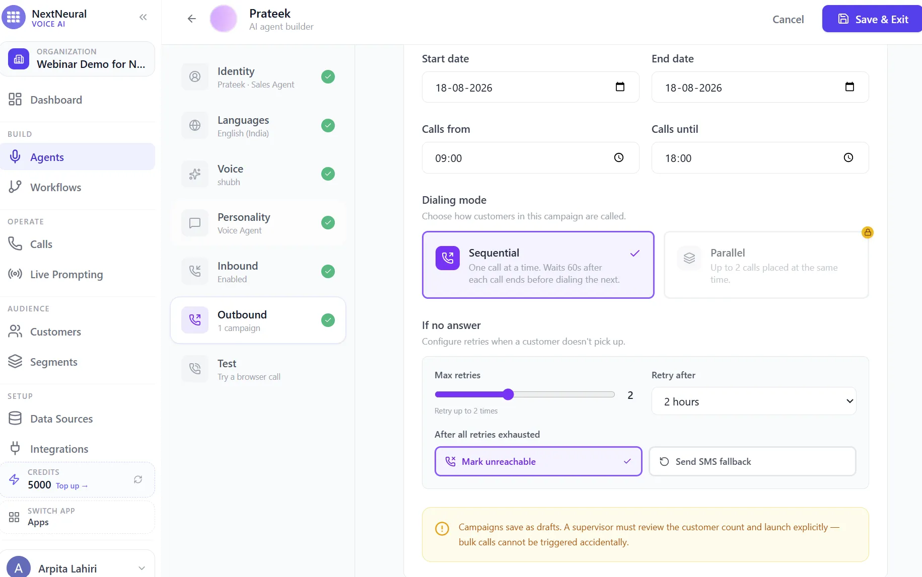 Outbound campaign schedule with start and end dates, calling hours, Sequential dialing mode, and retry configuration