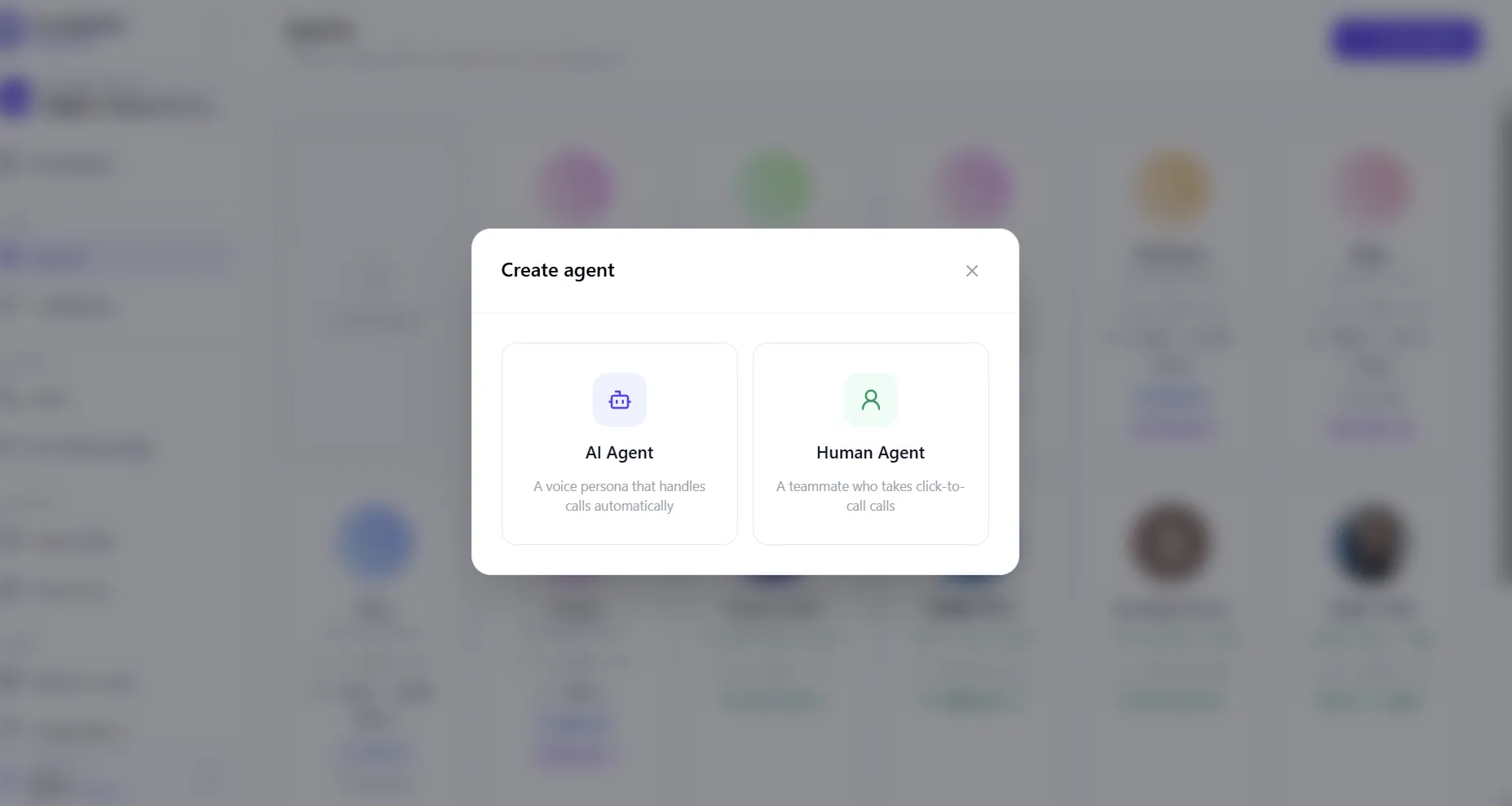 Create agent dialog letting you choose between an AI Agent or a Human Agent