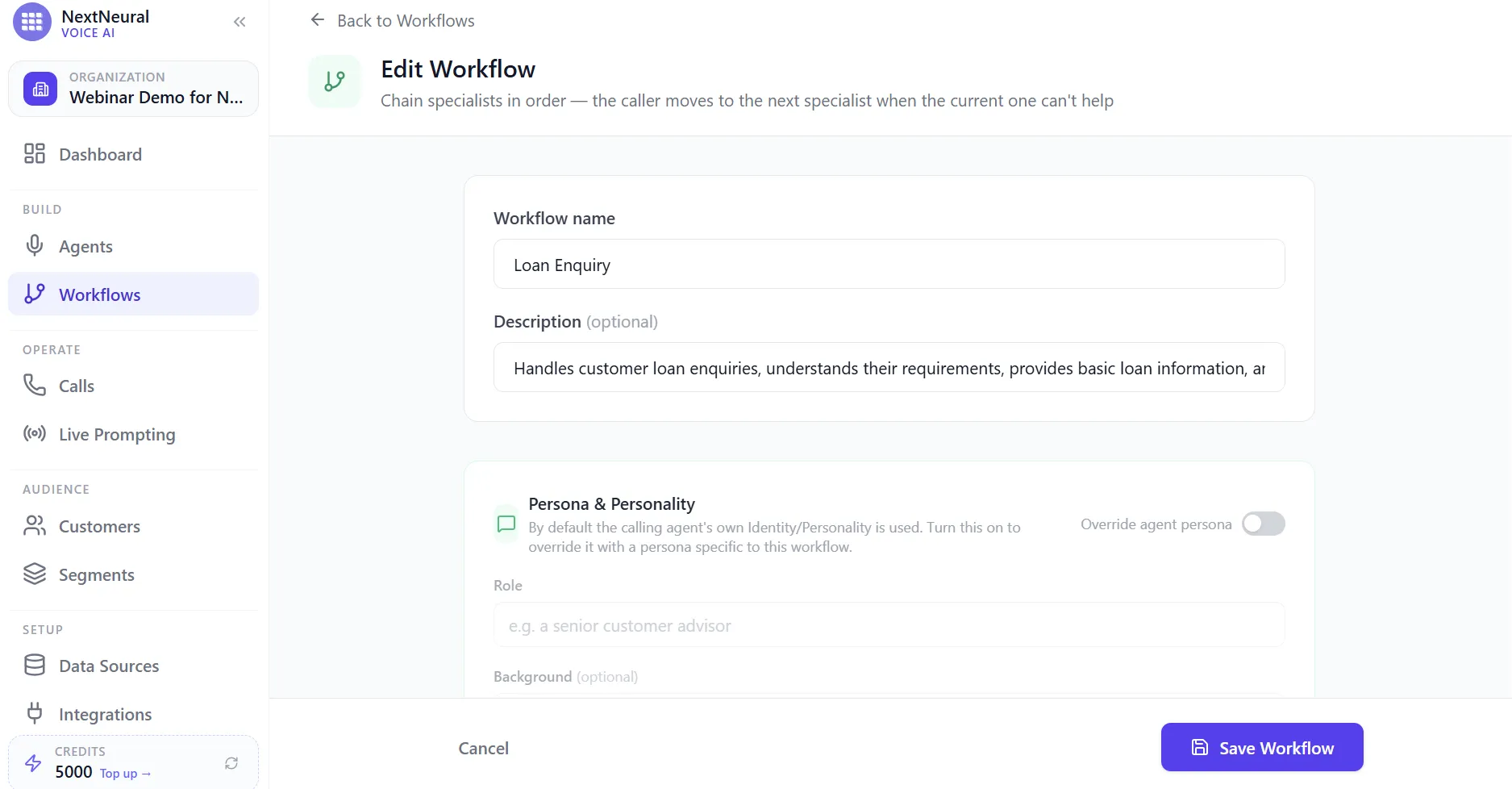 Edit Workflow screen with workflow name, description, and a toggle to override the agent's persona for this workflow