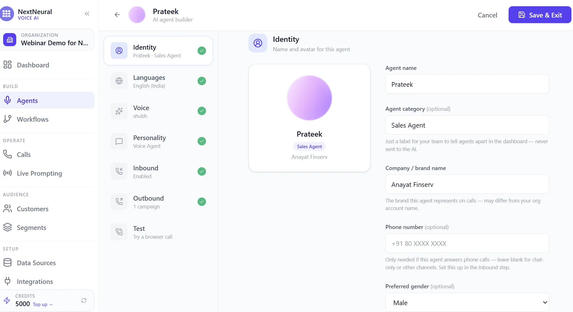 Agent Identity step showing agent name, category, company or brand name, and phone number fields