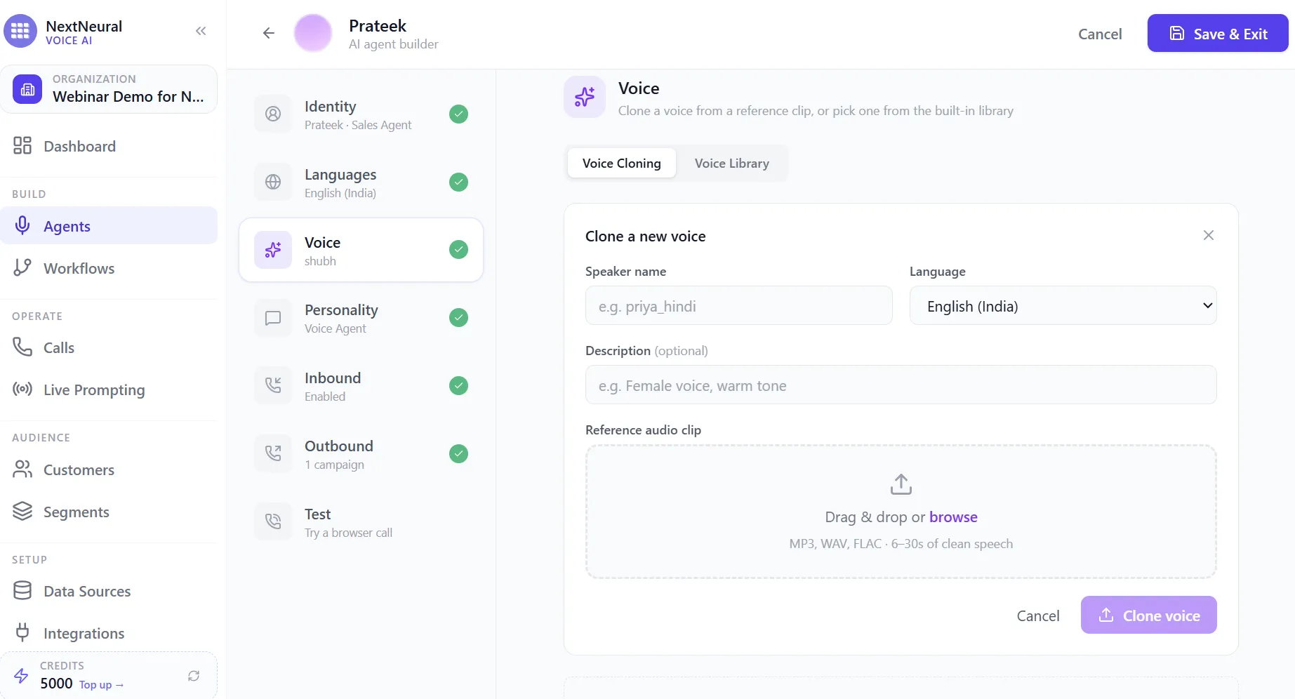 Voice Cloning form for uploading a short reference audio clip to clone a custom voice
