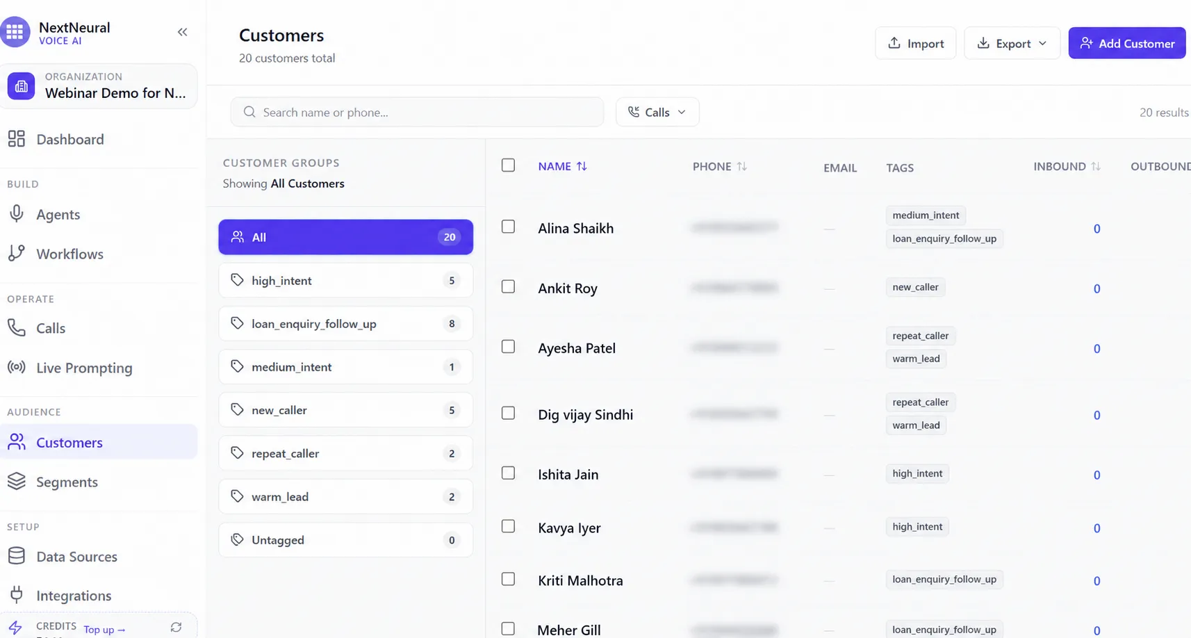 Customers list in NextNeural showing 20 customers grouped by tags like high_intent, loan_enquiry_follow_up, and new_caller