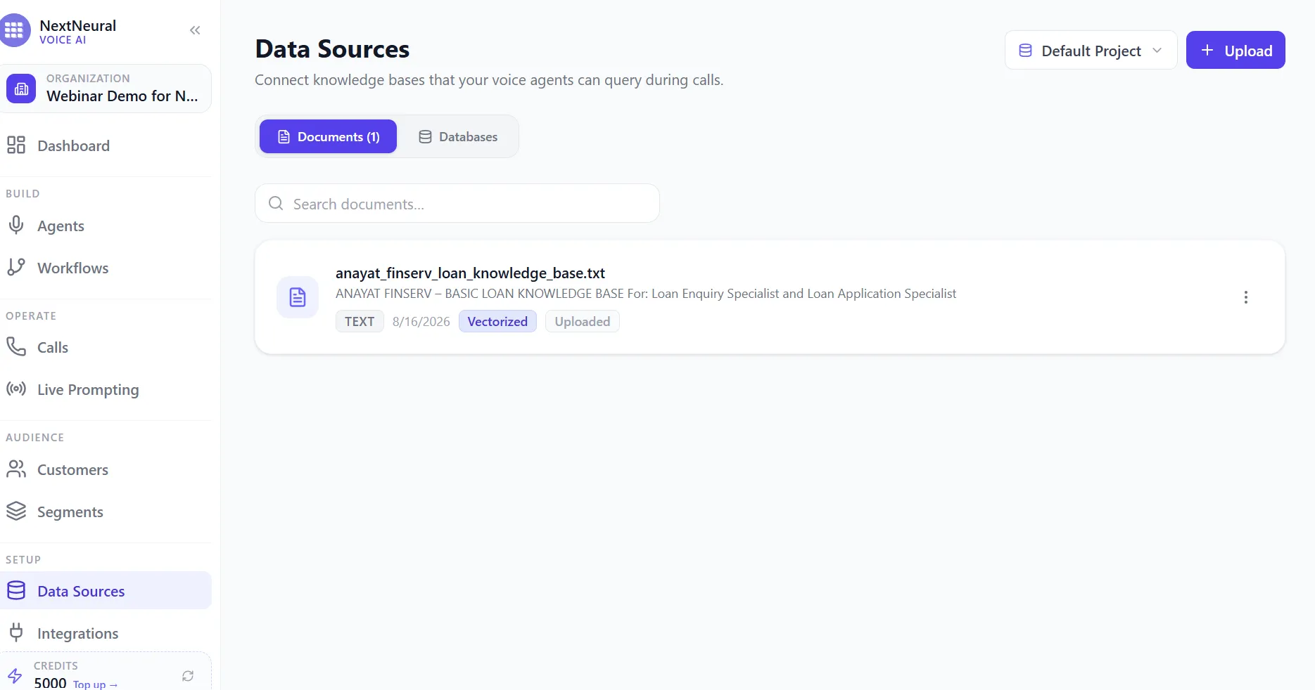 Data Sources page showing an uploaded and vectorized loan knowledge base document for the Loan Enquiry and Loan Application specialists