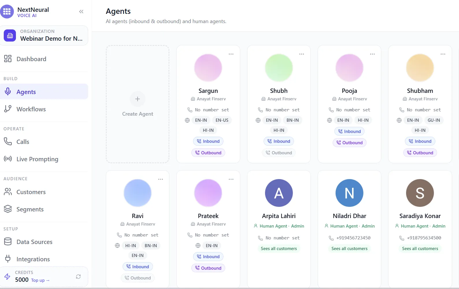 Agents tab listing several AI agents with their languages and inbound/outbound status, alongside human agents