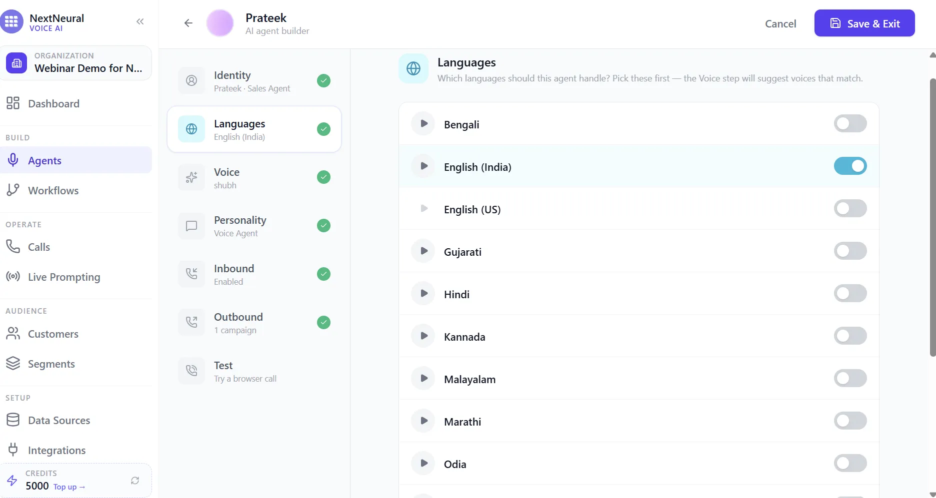 Languages step with a toggle list of Bengali, English (India), English (US), Gujarati, Hindi, Kannada, Malayalam, Marathi, Odia and more