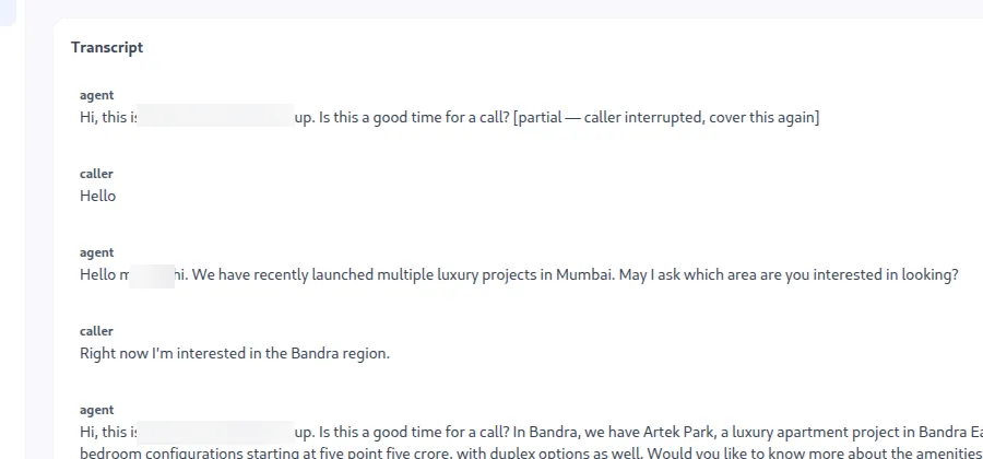 Diarized transcript with every line attributed to the agent or caller