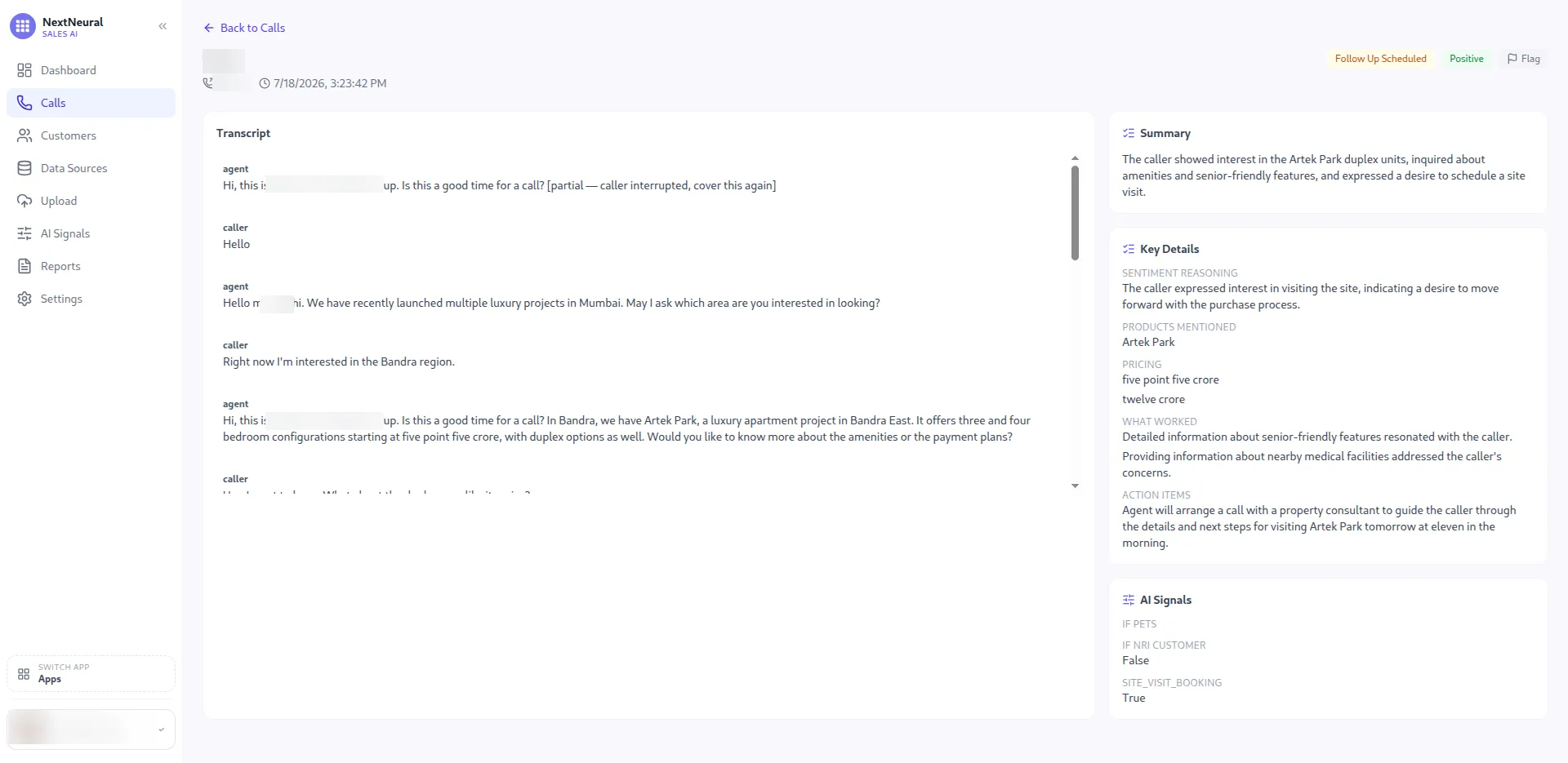 A single call broken down by outcome, sentiment, summary, what worked, and action items