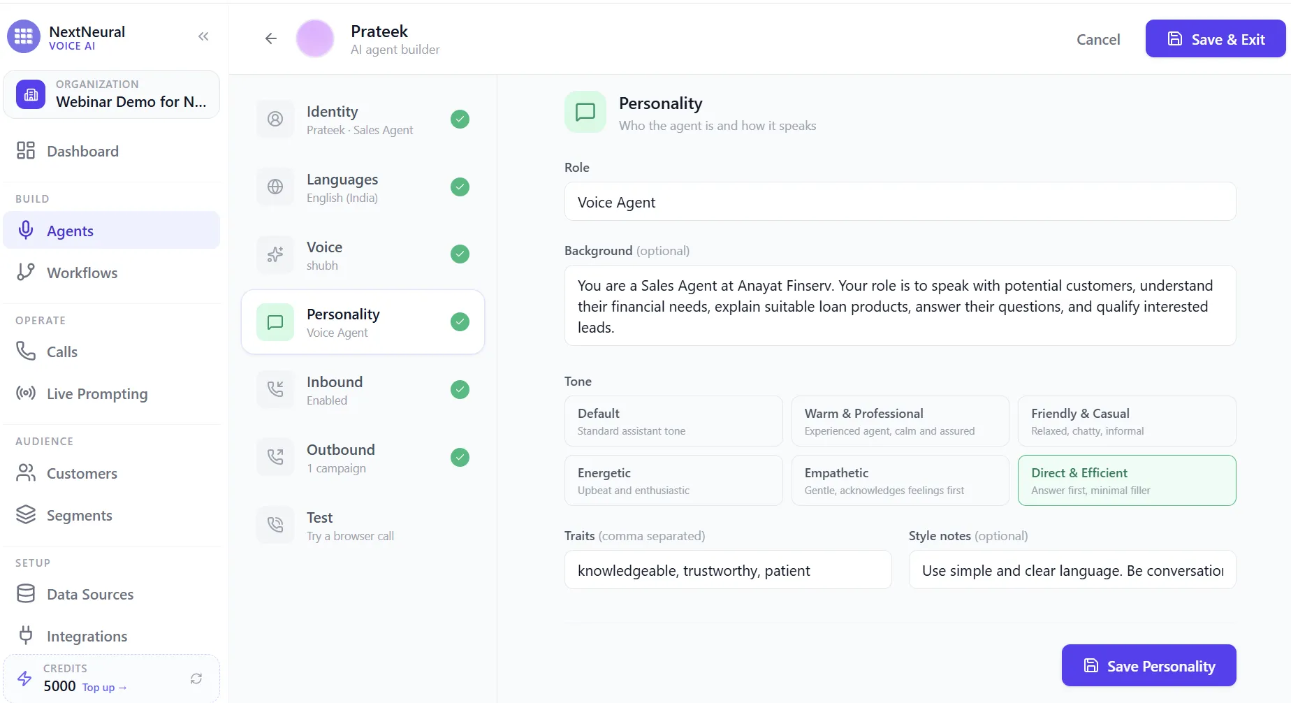 Personality step with role, background, tone options, traits, and style notes fields