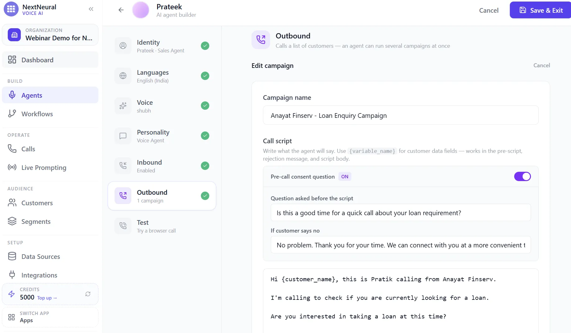 Outbound campaign editor with campaign name, a pre-call consent question, and a call script using the customer_name variable