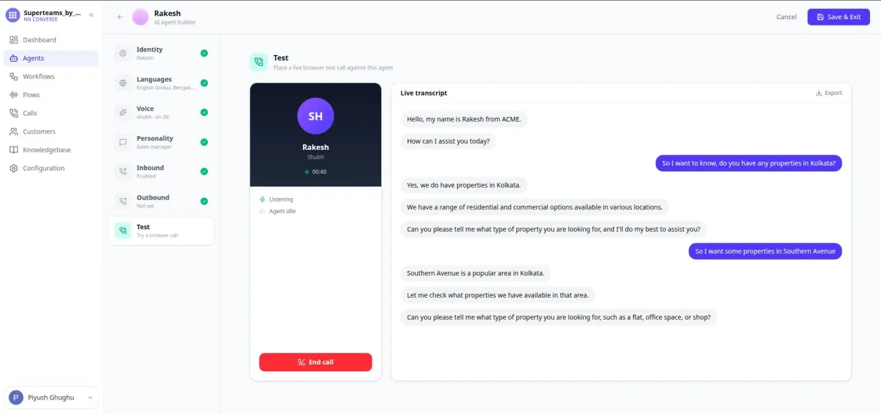 NN Converse test call transcript showing the AI voice agent handling a follow-up property question in the same test conversation