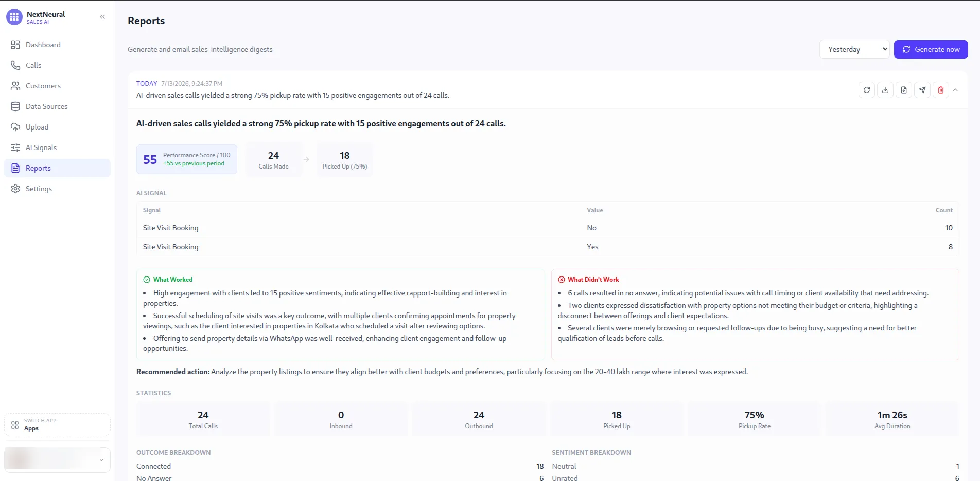 Generated nightly digest with performance score, AI signal counts, and recommended actions