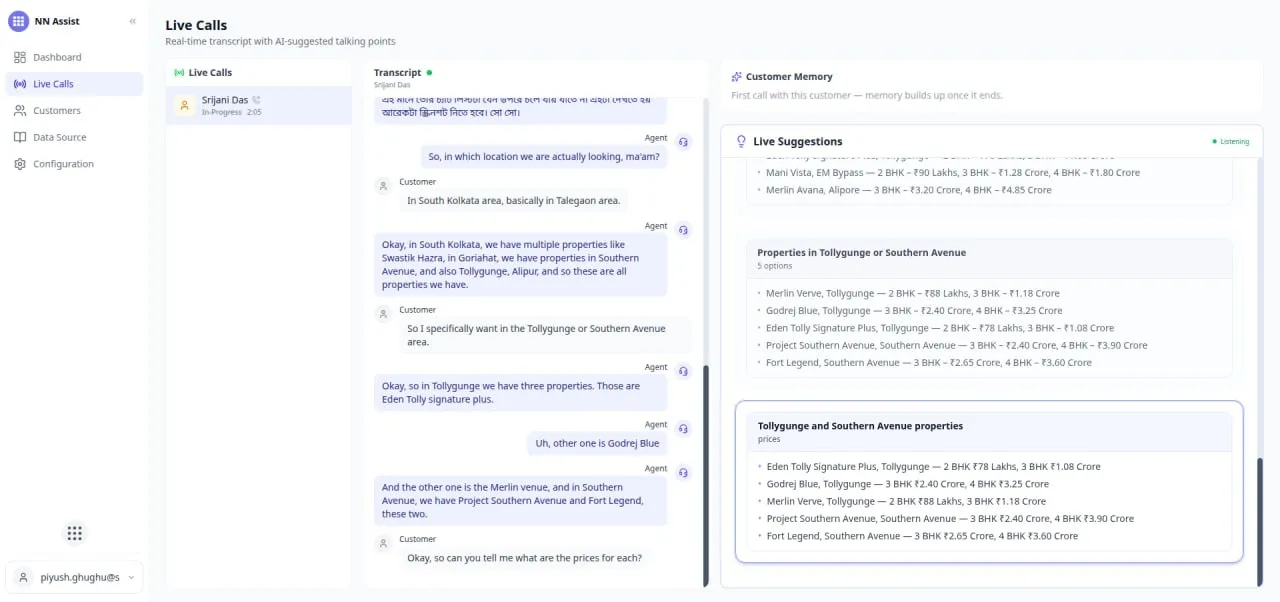 NN Assist live call screen showing a real-time transcript alongside AI-suggested talking points and relevant property listings