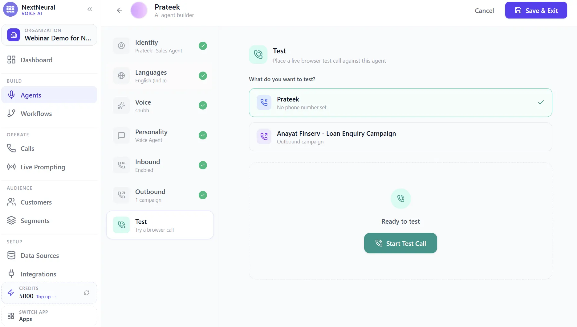Test tab ready to place a live browser test call against the agent or the outbound campaign