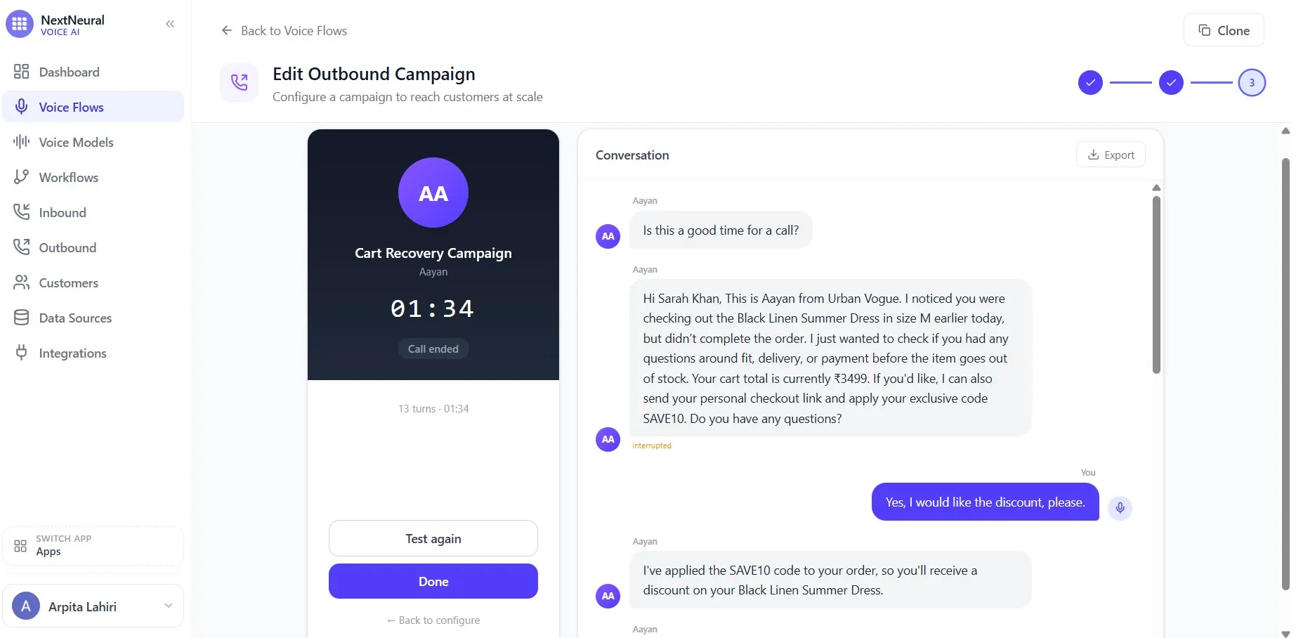 Test call screen with Start Test Call button and microphone active